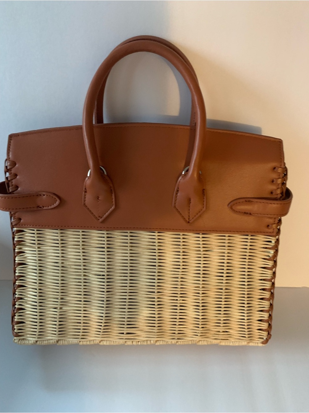 Woven Rattan Tote Handbag with Tan Faux Leather Trim - Picture 3 of 7